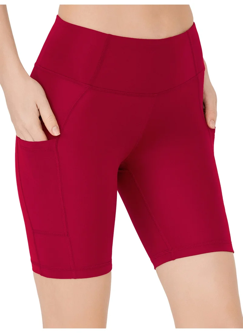 Los Ojos Women's Claret Red High Waist Gatherer Double Pocket Biker Shorts Short Sport Leggings