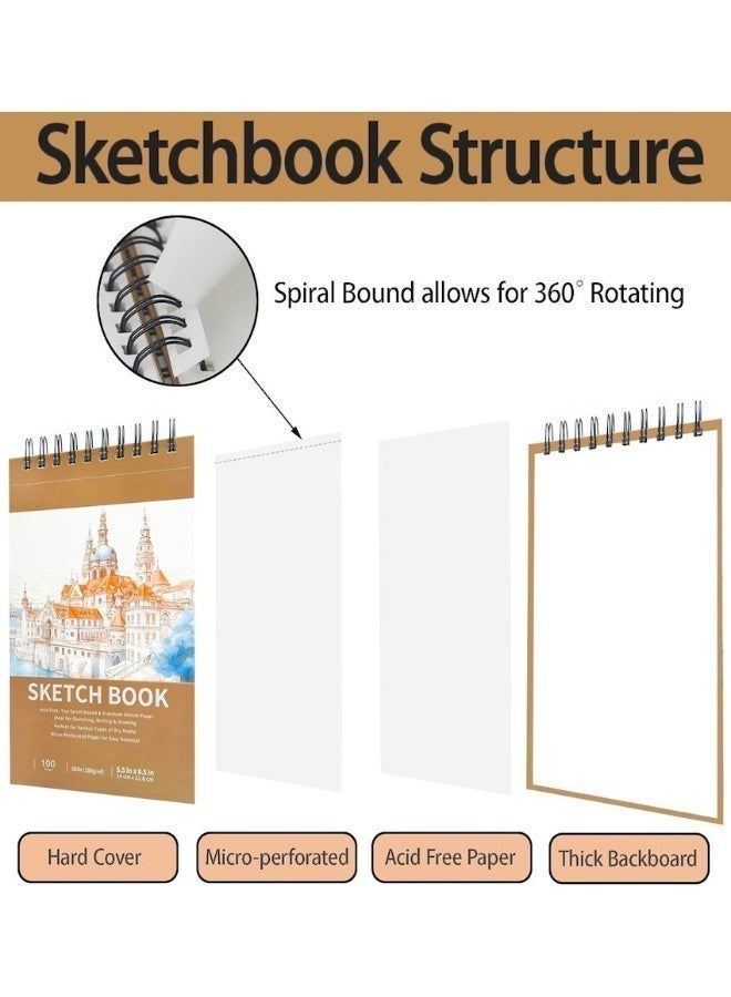 Small Sketch Book 5.5 x 8.5 Inches, Top Spiral Bound Sketch Pad, 100 Sheets Each 68lb/100gsm Drawing Paper, Paint Sketching Pad for Kids And Adult, Ideal For colored pencils, pencils, crayons, oil pastels, sketches, one pack - Image 2