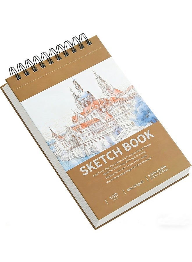 Small Sketch Book 5.5 x 8.5 Inches, Top Spiral Bound Sketch Pad, 100 Sheets Each 68lb/100gsm Drawing Paper, Paint Sketching Pad for Kids And Adult, Ideal For colored pencils, pencils, crayons, oil pastels, sketches, one pack - Image 1