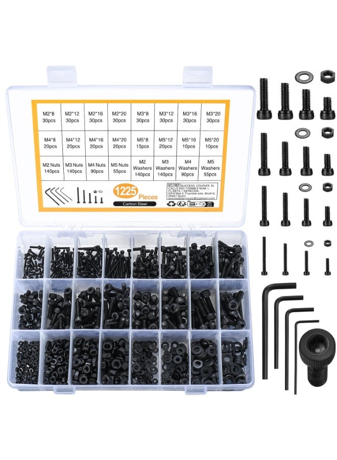 1225 Pcs M2 M3 M4 M5 Hex Button Socket Head Cap Screws, Bolts, Nuts & Flat Washers Assortment Kit - Premium Alloy Steel, Black Zinc Plated, Rust-Resistant Fasteners Set with Convenient Storage Box - Image 1
