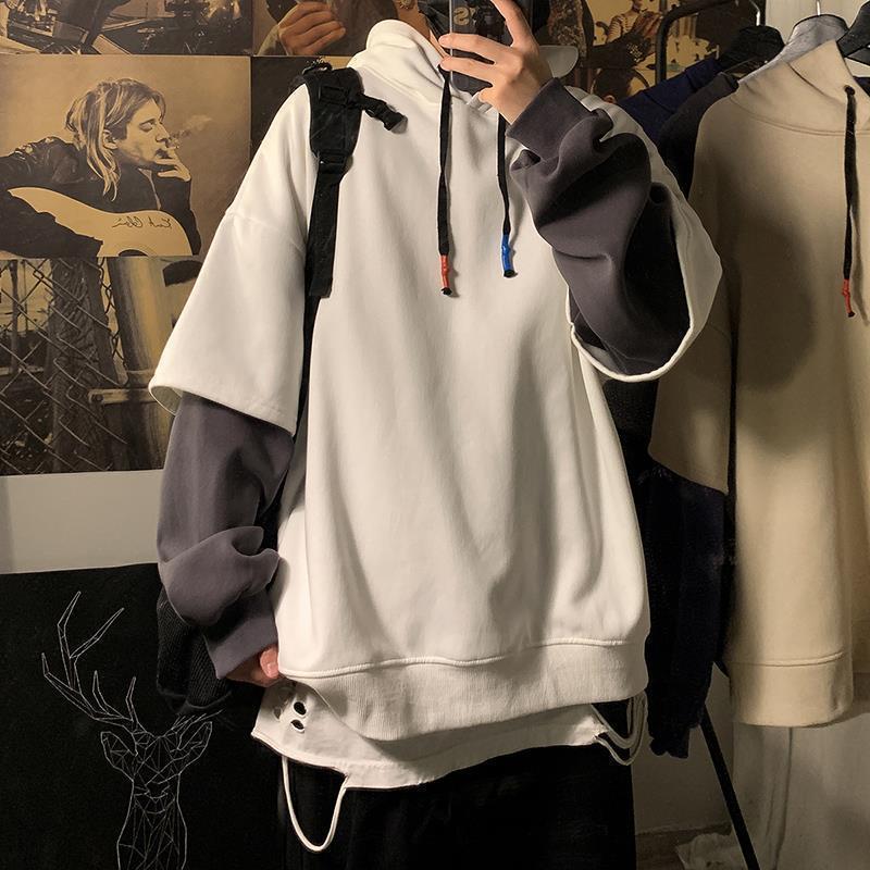 Fleece-Lined Fake Two-Piece Hooded Sweater Men'S Trendy Brand Ins Hip-Hop Thick Loose Coat Hoodie - Image 3