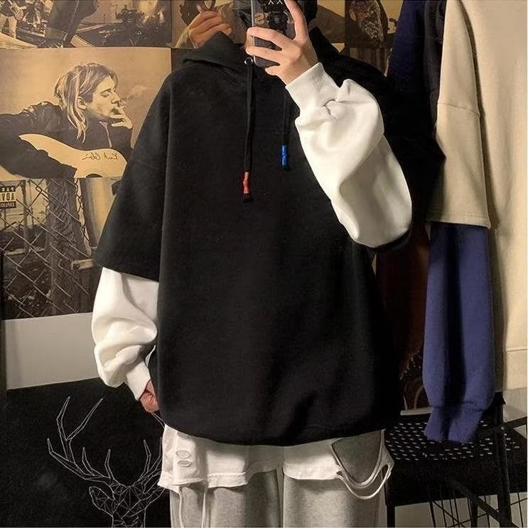 Fleece-Lined Fake Two-Piece Hooded Sweater Men'S Trendy Brand Ins Hip-Hop Thick Loose Coat Hoodie - Image 4