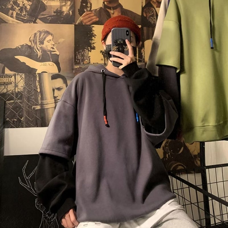 Fleece-Lined Fake Two-Piece Hooded Sweater Men'S Trendy Brand Ins Hip-Hop Thick Loose Coat Hoodie - Image 5
