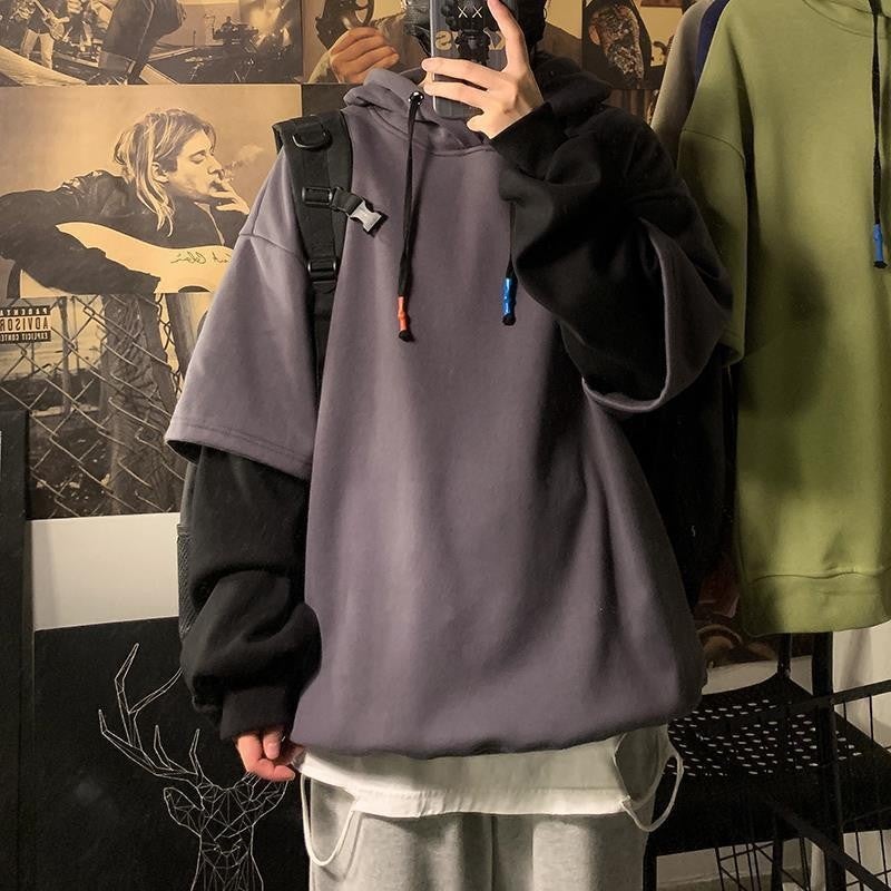 Fleece-Lined Fake Two-Piece Hooded Sweater Men'S Trendy Brand Ins Hip-Hop Thick Loose Coat Hoodie - Image 2