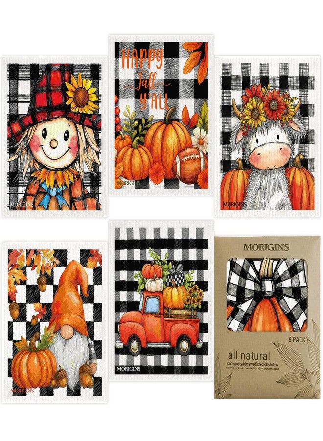 Morigins Autumn Fall Gnome Swedish Cloths for Kitchen, 6 Pack Pumpkin Reusable Paper Towels Washable，Swedish Dish Towels，Non-Scratch Cellulose Sponge Cloths，Biodegradable Cleaning Cloths 7 X 8 inch - Image 2