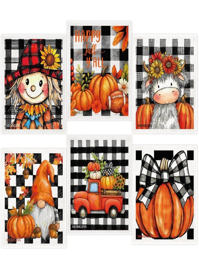Morigins Autumn Fall Gnome Swedish Cloths for Kitchen, 6 Pack Pumpkin Reusable Paper Towels Washable，Swedish Dish Towels，Non-Scratch Cellulose Sponge Cloths，Biodegradable Cleaning Cloths 7 X 8 inch - Image 1