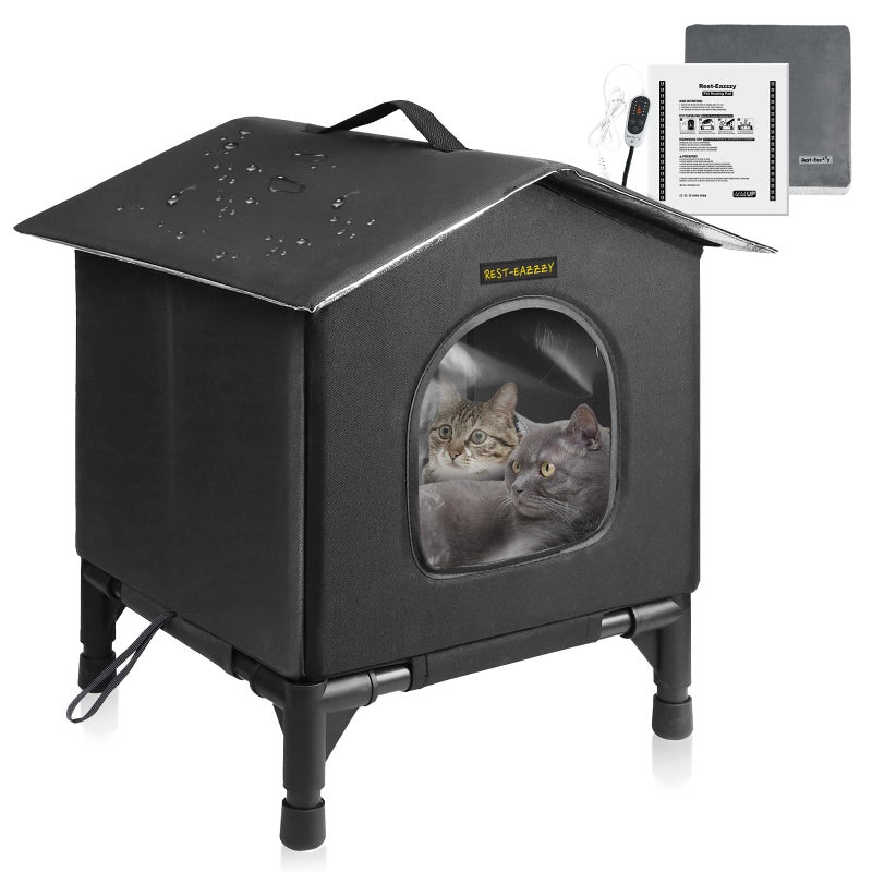 Rest-Eazzzy Heated Cat House for Outdoor Cats, Waterproof, Fully Insulated Shelter for Stray and Feral Cats, Great for Cat Houses for Outdoor Cat and Cat Beds for Indoor Cats (Grey-Heat, Small) - Image 1