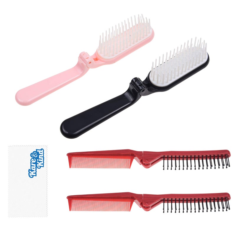 Kare Kind 4x Foldable Hairbrush and Comb PocketSized Grooming Tool for Travel Fine and Wide Tooth AntiStatic Comb and Brush For Straight Curly Fine Thick Hair Home Purse Gym Bag Car