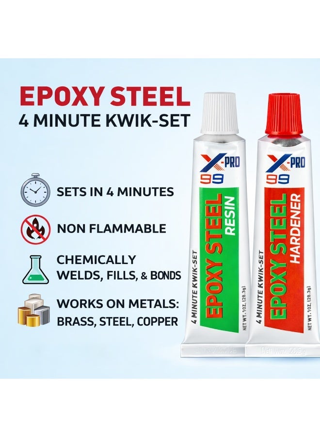 Xpro X-PRO 99 Epoxy Steel 4 Minute Kwik-Set Cold Weld Adhesive, 2oz (57g) Kit, Heavy Duty Resin & Hardener for Metal Repair, Steel, Iron, Aluminum, Stone & Concrete, Fuel Resistant, Industrial Strength Gap Filler, Sealant & Thread Fixer - Image 2