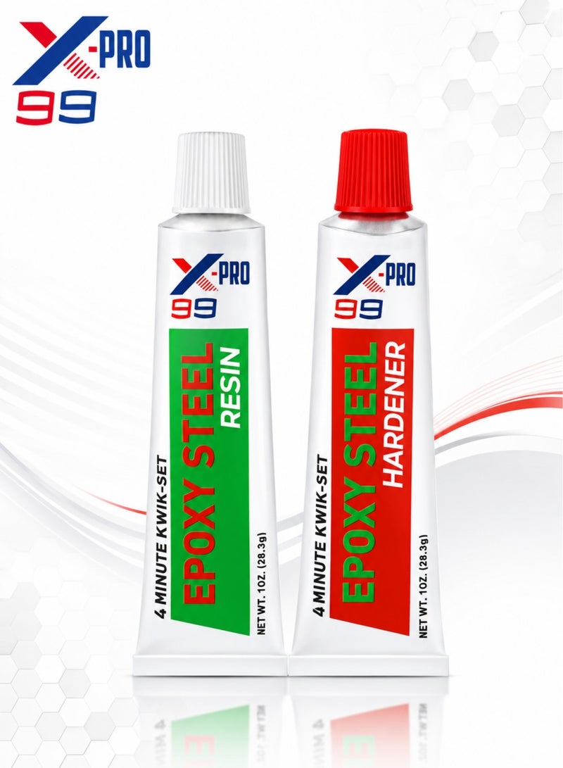Xpro X-PRO 99 Epoxy Steel 4 Minute Kwik-Set Cold Weld Adhesive, 2oz (57g) Kit, Heavy Duty Resin & Hardener for Metal Repair, Steel, Iron, Aluminum, Stone & Concrete, Fuel Resistant, Industrial Strength Gap Filler, Sealant & Thread Fixer - Image 1