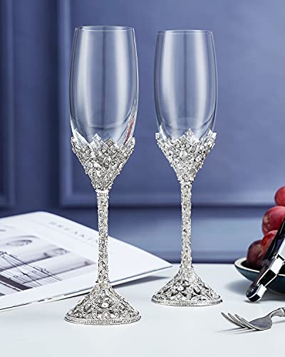 Jozen Gift Champagne Flutes - Crystal Glass Metal Base With Crystal Stones, Set of 2 Toasting Flute Pair, Wedding Anniversary Party Birthday Banquets and Gifts for Bride and Groom(Silver) - Image 1
