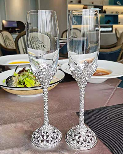 Jozen Gift Champagne Flutes - Crystal Glass Metal Base With Crystal Stones, Set of 2 Toasting Flute Pair, Wedding Anniversary Party Birthday Banquets and Gifts for Bride and Groom(Silver) - Image 4