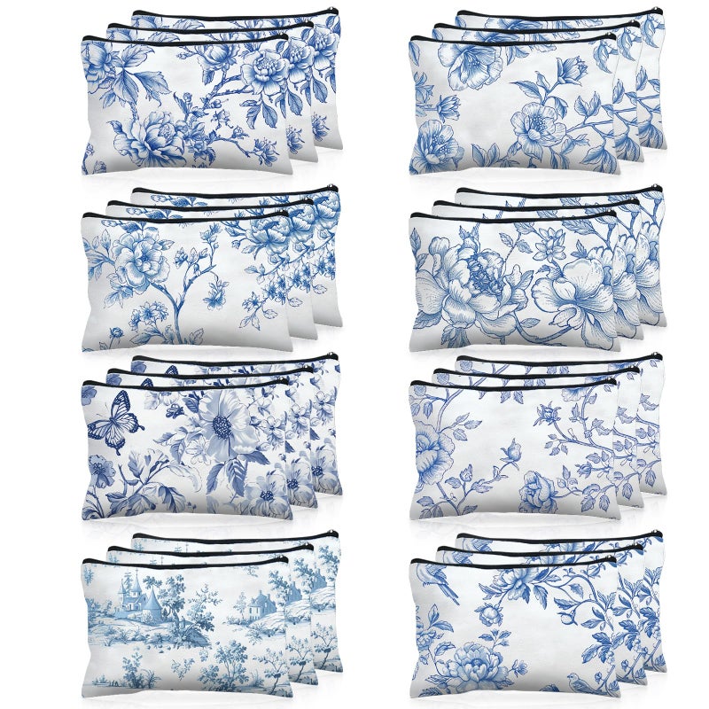 Stuffygreenus 24 Pcs Floral Cosmetic Bags Bulk for Women Blue and White Floral Makeup Bags Chinoiserie Canvas Travel Zipper Pouches Aesthetic Toiletry Bag for Girls Women Bridesmaids Wedding Supplies - Image 2
