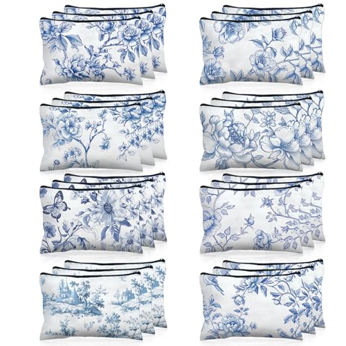 Stuffygreenus 24 Pcs Floral Cosmetic Bags Bulk for Women Blue and White Floral Makeup Bags Chinoiserie Canvas Travel Zipper Pouches Aesthetic Toiletry Bag for Girls Women Bridesmaids Wedding Supplies - Image 1