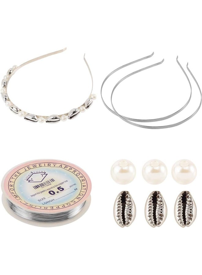 15pcs Electroplated Shell Beads Open Back Cowrie Shell Smooth Cut Beach Seashells Bead 20pcs Acrylic Imitation Pearl Beads and 1pc Hair Band Findings and Copper Wire - Image 1