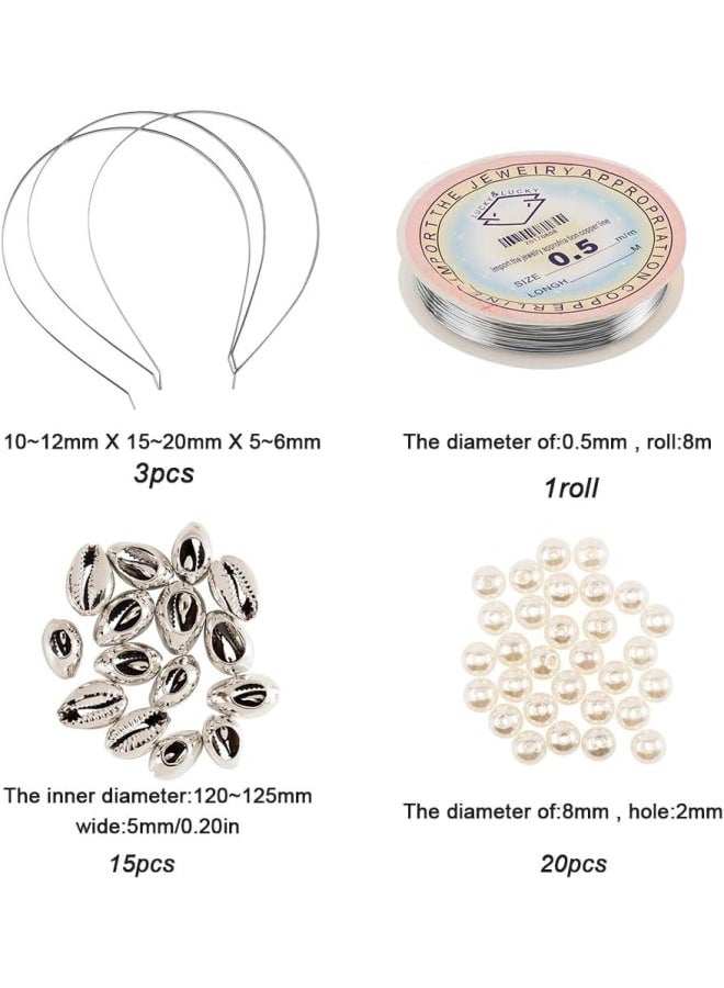 15pcs Electroplated Shell Beads Open Back Cowrie Shell Smooth Cut Beach Seashells Bead 20pcs Acrylic Imitation Pearl Beads and 1pc Hair Band Findings and Copper Wire - Image 3
