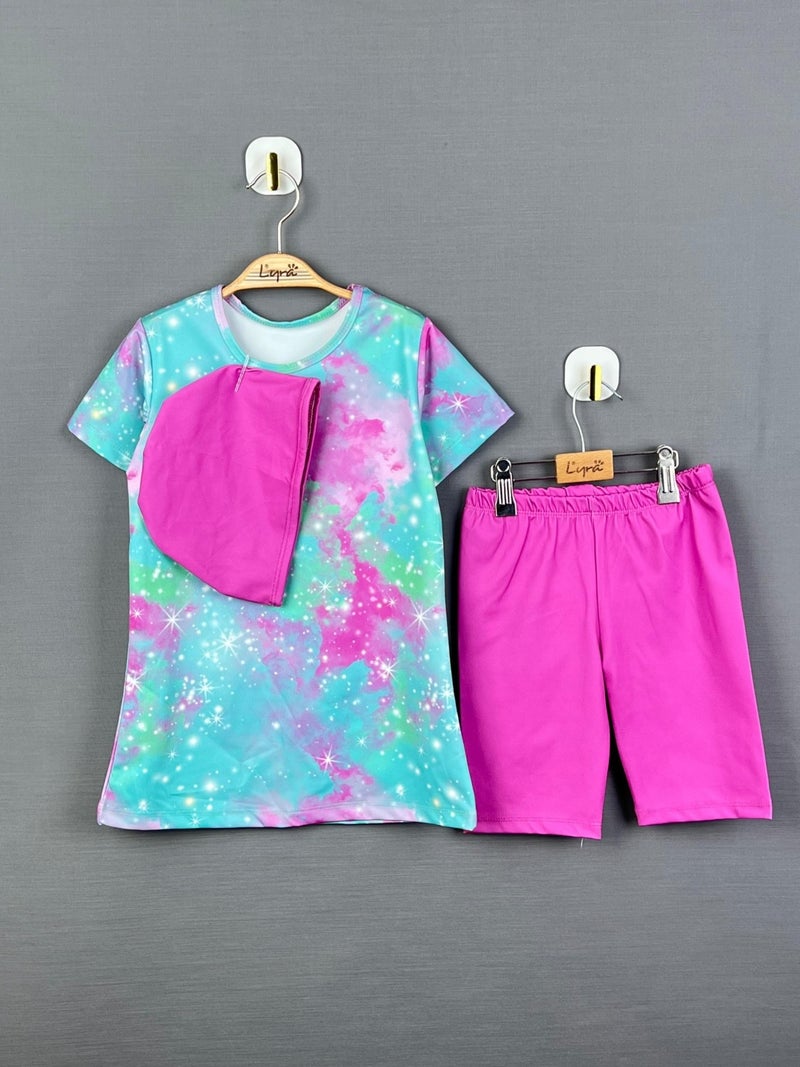 Bilge Trend Girls Top, Bonnet, Tights 3 Piece Semi-Hijab Swimsuit Set 
