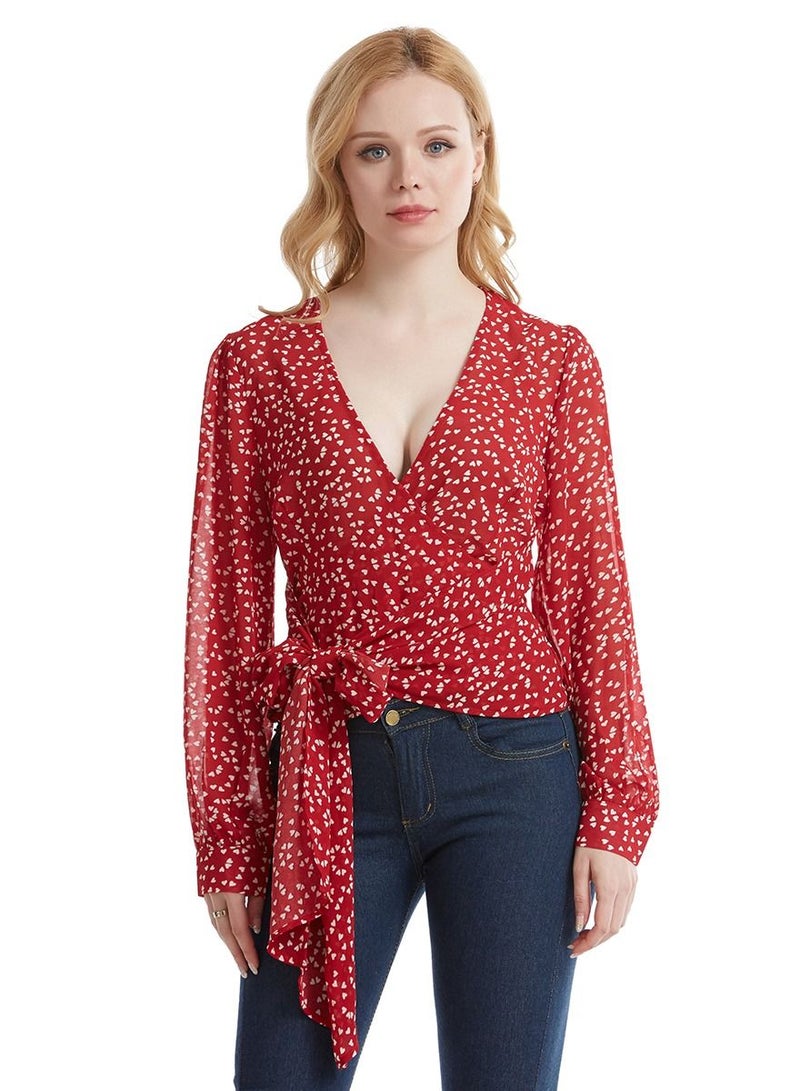 إسكدنيا Women's V-Neck Long Sleeve Top Dot Print Chiffon Blouse With Ribbon Red/White  - Image 1