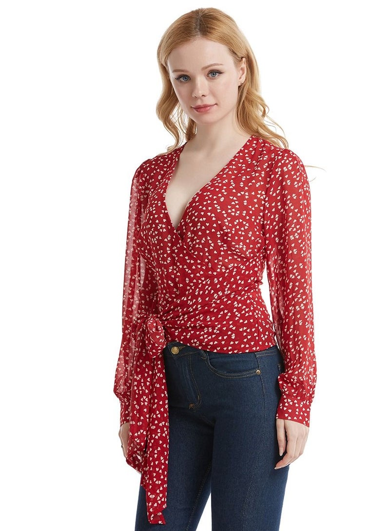 إسكدنيا Women's V-Neck Long Sleeve Top Dot Print Chiffon Blouse With Ribbon Red/White  - Image 2