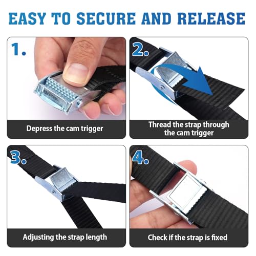 BRUTEBOSE Lashing Straps,1" x 10Ft Adjustable Cam Buckle Tie Down Cinch Strap for Packing Black 4 Pack,Packing Straps Heavy-Duty for Cargo/Luggage/Kayak/Truck/SUV/Car Roof Rack - Image 5