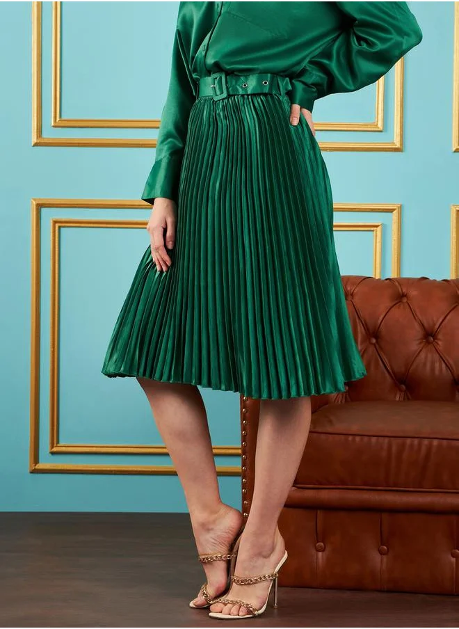 SASSAFRAS Pleated Satin Skirt with Belt by Styli