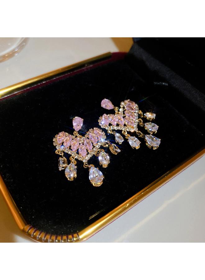 Pink Zircon Butterfly Drop Earrings French Style Artistic Ear Hook Fashion Creative Trend Stud