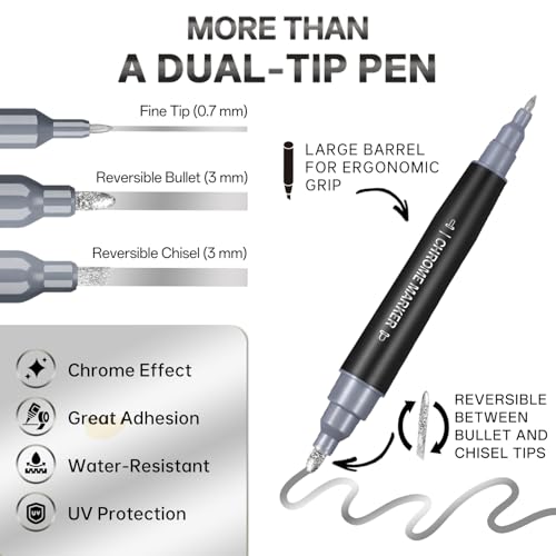 COORIART 1PK Dual Tip Liquid Chrome Marker, Permanent Mirror Chrome Paint Pen for Plastic, Metal, Model Painting, Touch Up & Repair Kit, 2 Tips (0.7mm & 3mm Reversible Tip) - Image 2