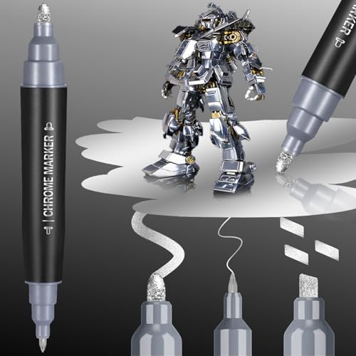 COORIART 1PK Dual Tip Liquid Chrome Marker, Permanent Mirror Chrome Paint Pen for Plastic, Metal, Model Painting, Touch Up & Repair Kit, 2 Tips (0.7mm & 3mm Reversible Tip) - Image 1
