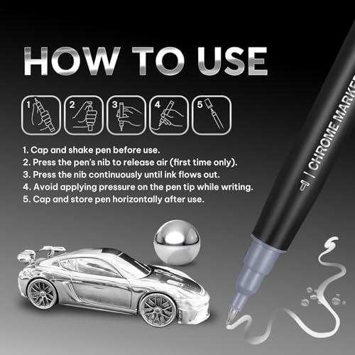 COORIART 1PK Dual Tip Liquid Chrome Marker, Permanent Mirror Chrome Paint Pen for Plastic, Metal, Model Painting, Touch Up & Repair Kit, 2 Tips (0.7mm & 3mm Reversible Tip) - Image 3
