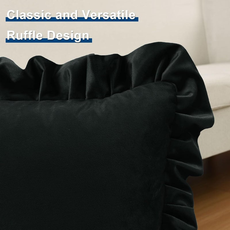 JIUZHEN Velvet Square Throw Pillow Covers with Ruffles, Black Decorative Throw Pillow Covers for Couch Sofa Bedroom Livingroom，18x18 Inch, Set of 2 - Image 3