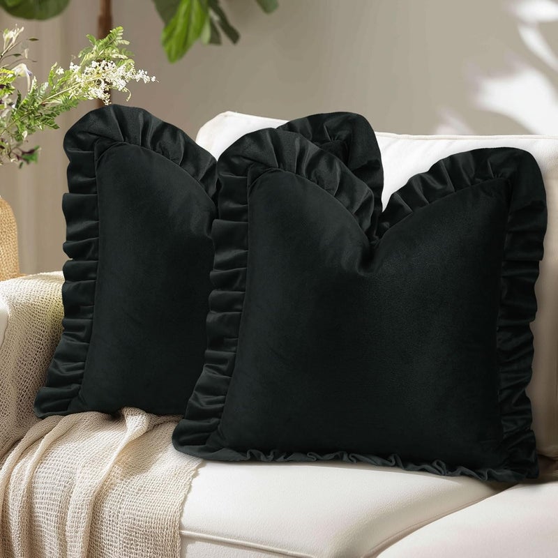 JIUZHEN Velvet Square Throw Pillow Covers with Ruffles, Black Decorative Throw Pillow Covers for Couch Sofa Bedroom Livingroom，18x18 Inch, Set of 2 - Image 1