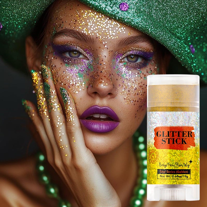 MEICOLY Gold Face Body Glitter Stick,Music Festival Accessories Outfits for Women,Sparkle Glitter Makeup for Face/Body/Hair/,Hair Glitter for Kids,Mardi Gras Accessories,Fine Glitter - Image 2