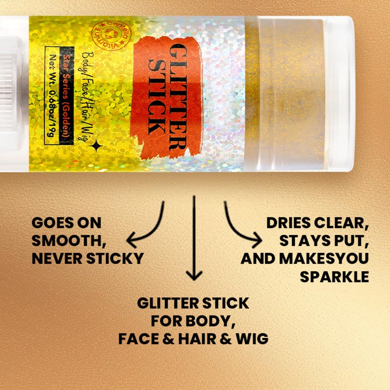 MEICOLY Gold Face Body Glitter Stick,Music Festival Accessories Outfits for Women,Sparkle Glitter Makeup for Face/Body/Hair/,Hair Glitter for Kids,Mardi Gras Accessories,Fine Glitter - Image 3