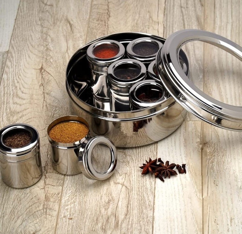 VISAXMI 7 IN 1 Masala Box for Kitchen Stainleess Steel with 7 Containers See Through Lid With 7 Small Spoons Masala Dabba Steel Masala Dani For Kitchen Size 13 Silver - Image 3