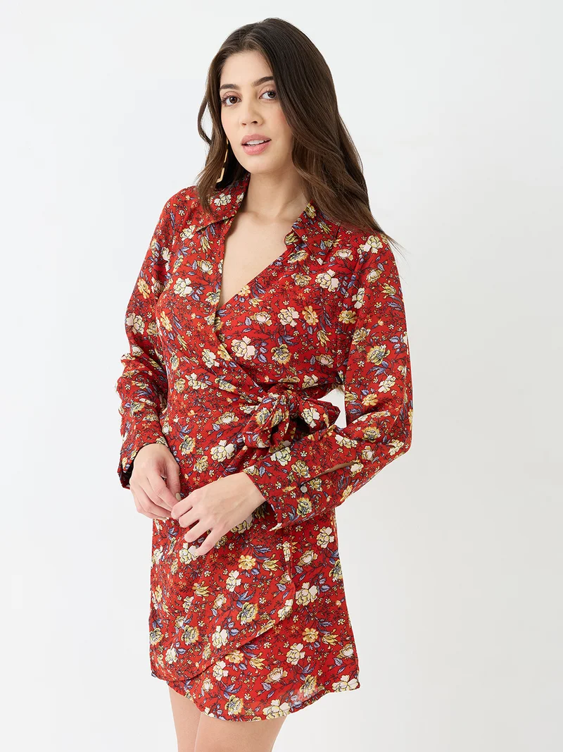 globus Women Red Collared V-Neck Cuffed Sleeves Allover Floral Print Mini Tie-Up Wrap Dress