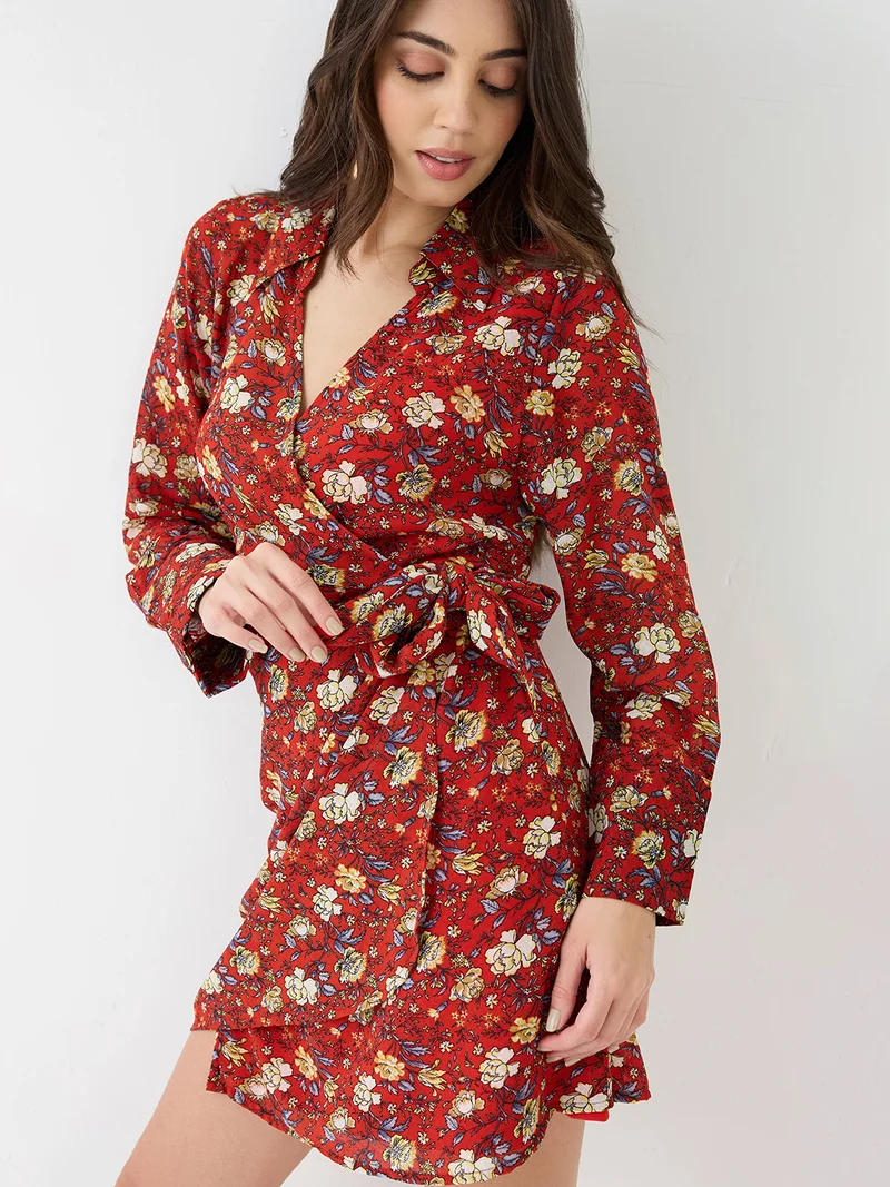 globus Women Red Collared V-Neck Cuffed Sleeves Allover Floral Print Mini Tie-Up Wrap Dress