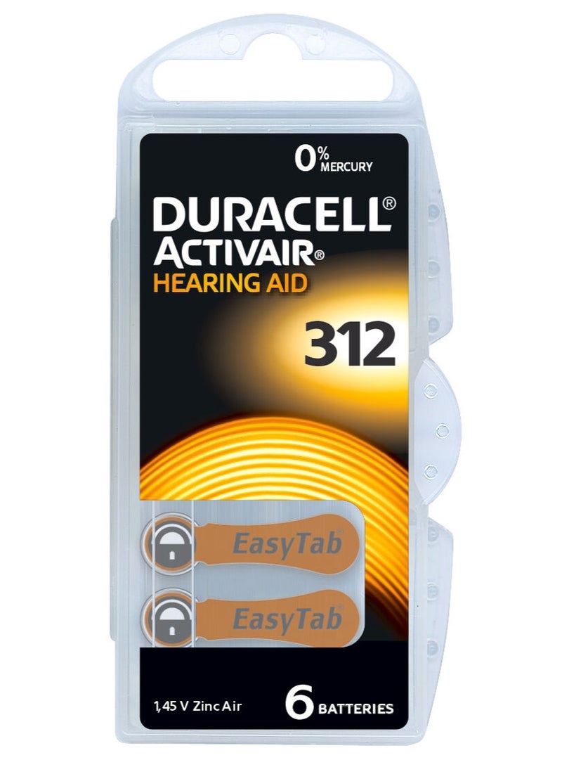 6-Pieces Duracell Activair (Size 312) Hearing Aid 1.45V Zinc-Air Hg0% Mercury Batteries