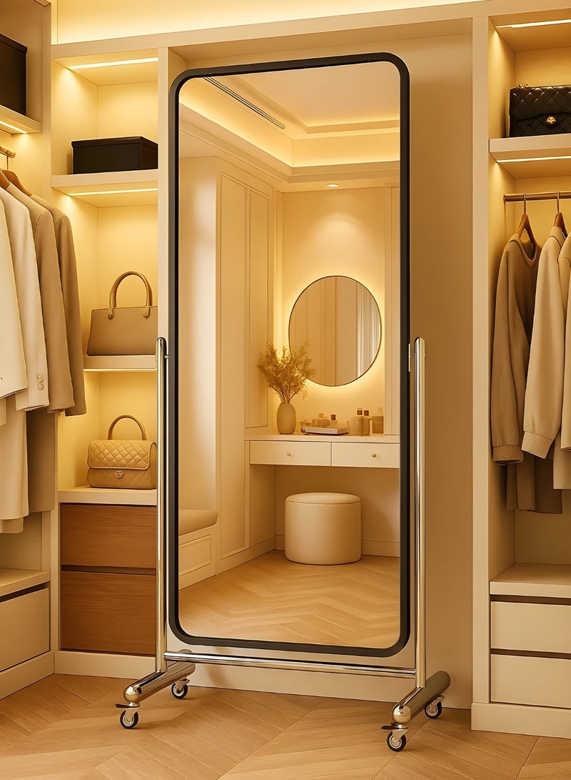 Taimi Full Length Mirror with Wheels 160x60cm, Floor Mirror with Black Frame and Steel Stand, Mirror for Bedroom, Living Room, Dressing Room and Gym Mirror - Image 1