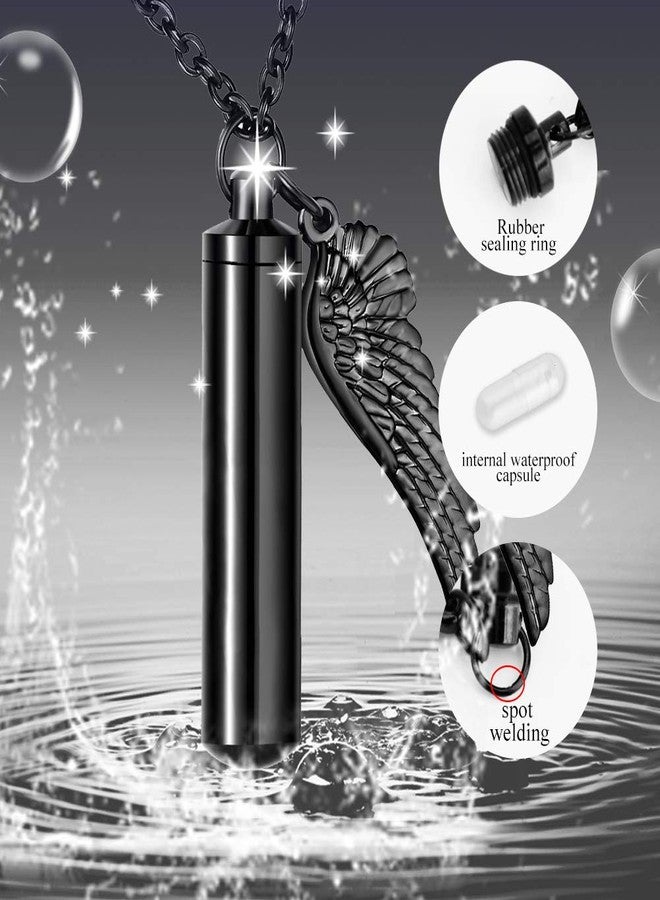 Dletay Cylinder Cremation Urn Necklace for Ashes Memorial Keepsake Pendant with Angel Wing Stainless Steel Remembrance Jewelry(Black) - Image 2
