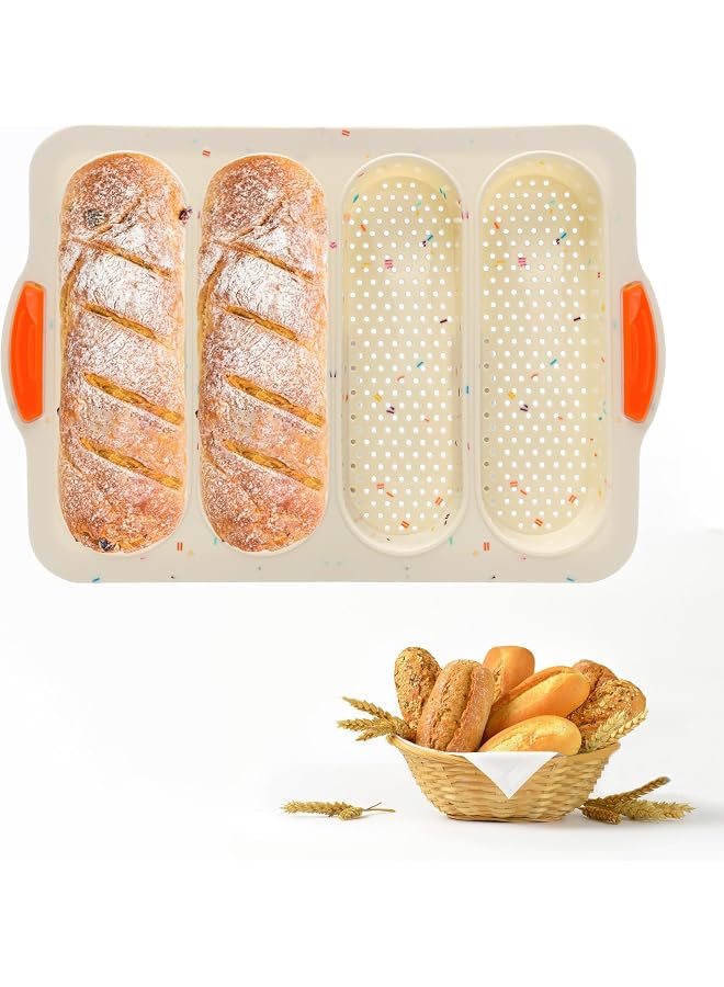 Silicone French Bread Mold 4-Slot, Non Stick Hoagie Sub Roll Baking Tray, Easy Release for Perfect Homemade Bread, Ideal for Breakfast and Dinner, Household Kitchen Tool, Beige