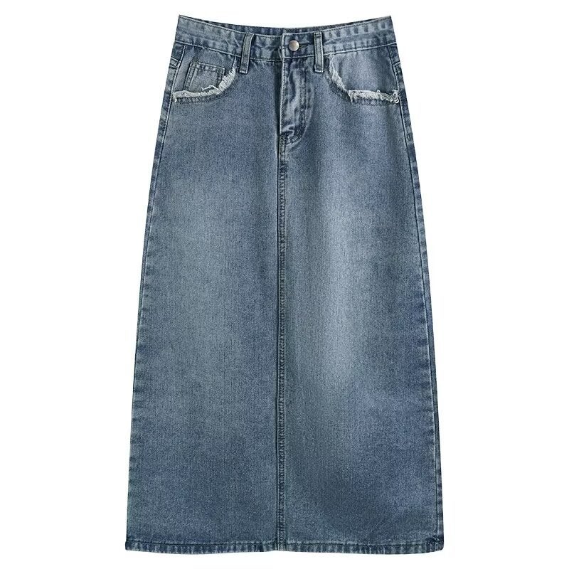 Vintage Pocket Fur Edge Design Split Denim Skirt Womens Mid-length Skirt 2024 New Summer Korean Style Trendy blue 