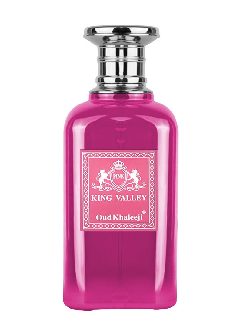 Oud Khaleeji King Valley Pink 100ml is a luxurious fruity-floral perfume for women, combining vibrant berries, citrus, and sweet toffee over a warm woody base. A long-lasting scent that’s perfect for confident, modern women. - Image 1