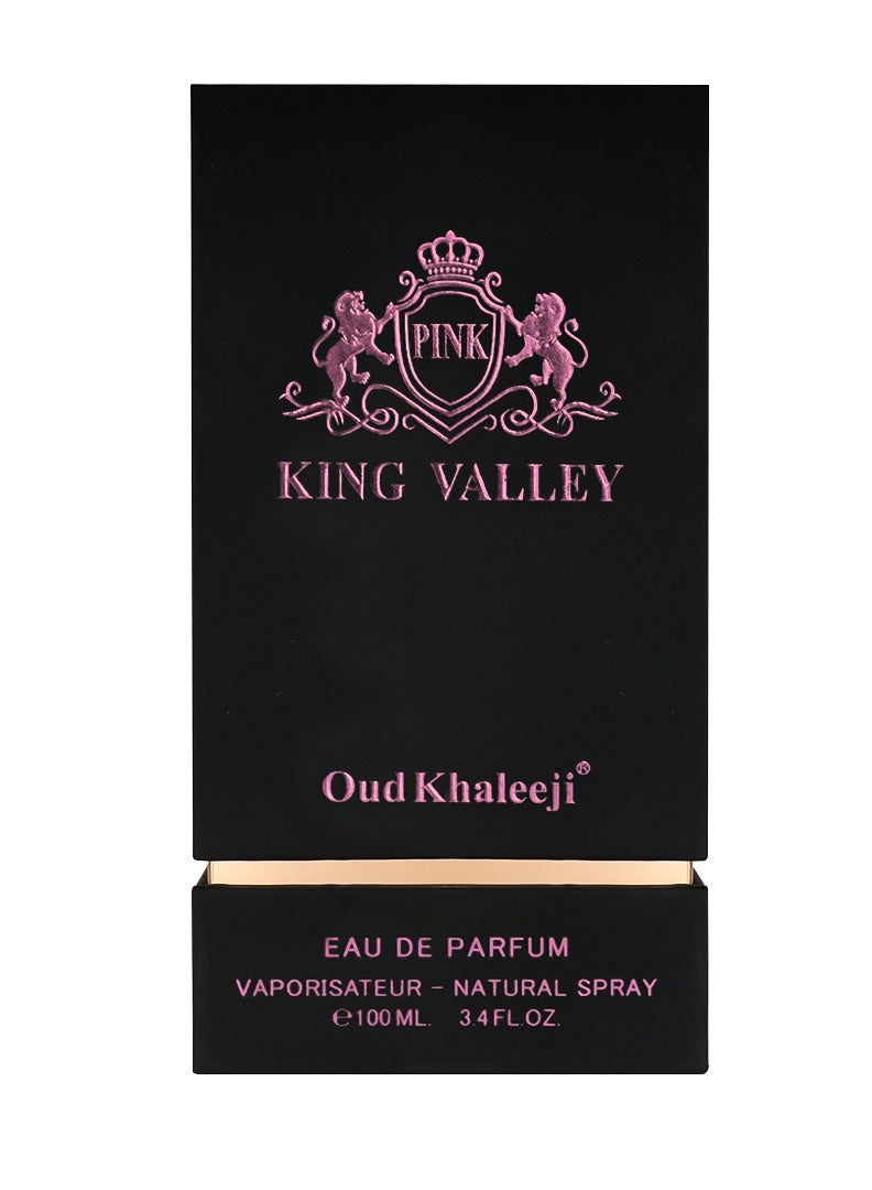 Oud Khaleeji King Valley Pink 100ml is a luxurious fruity-floral perfume for women, combining vibrant berries, citrus, and sweet toffee over a warm woody base. A long-lasting scent that’s perfect for confident, modern women. - Image 2
