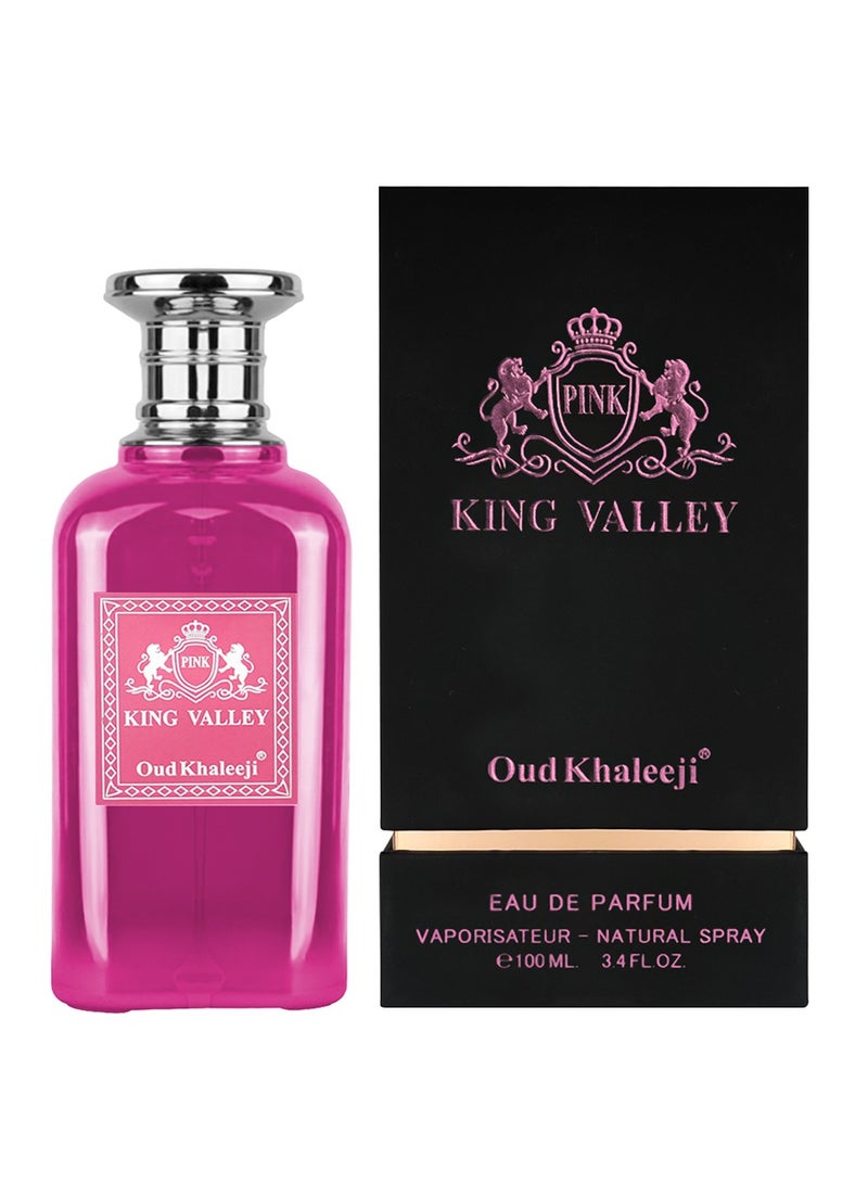 Oud Khaleeji King Valley Pink 100ml is a luxurious fruity-floral perfume for women, combining vibrant berries, citrus, and sweet toffee over a warm woody base. A long-lasting scent that’s perfect for confident, modern women. - Image 3
