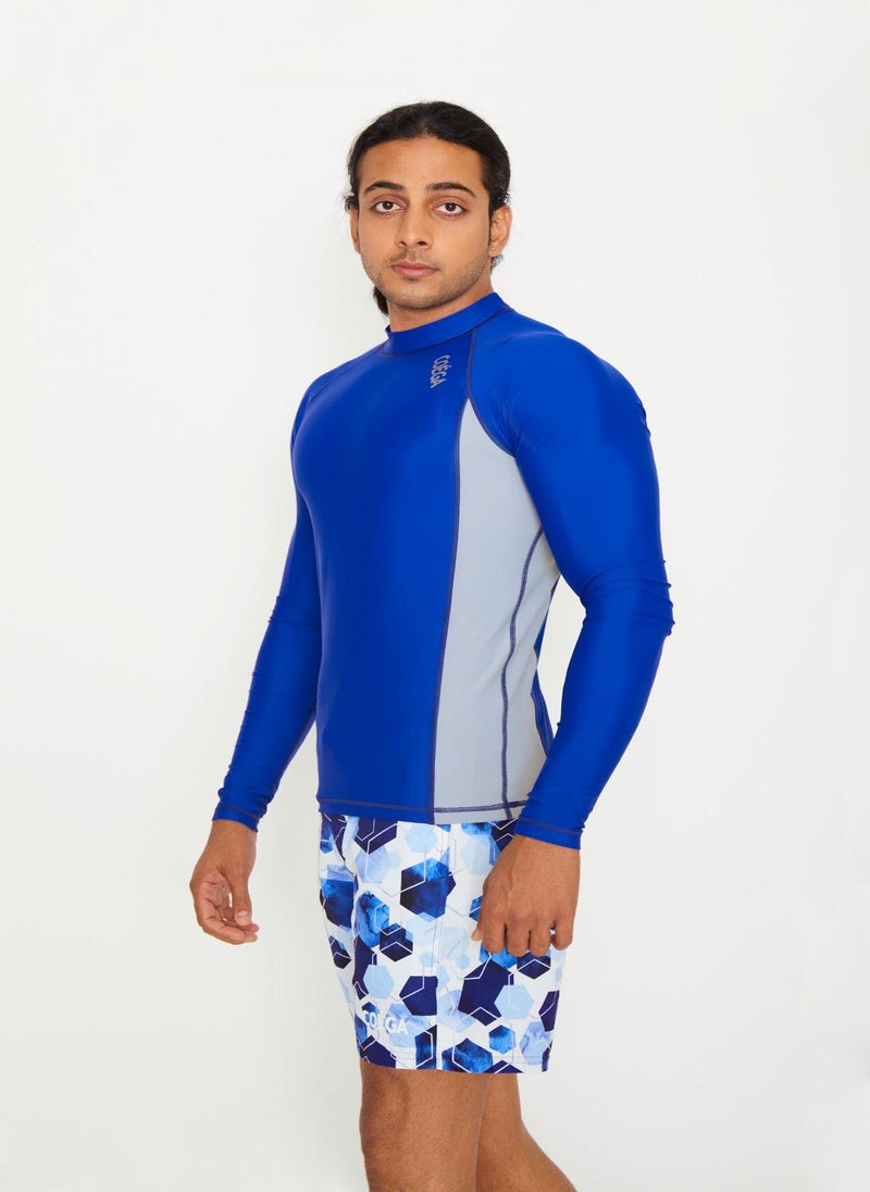 COEGA SUNWEAR COEGA Mens Rashguard Long Sleeve - Navy Watercolour Hexagons - Image 1