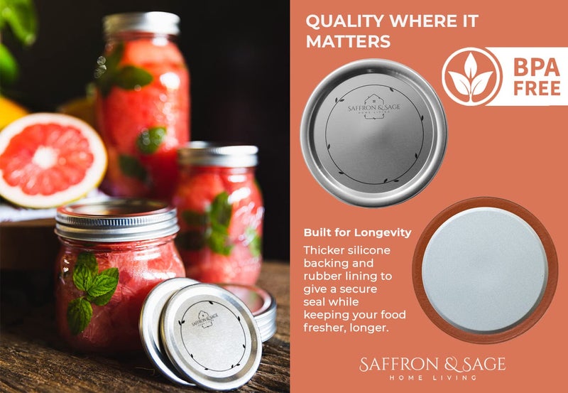 Saffron & Sage Home Living Saffron & Sage Canning Lids Wide Mouth - 100 Count Quality Universal Lids for Ball and Kerr Mason Jars - Good Sealing Performance for a Tight Seal, Food Grade, Rust Proof, and Thick to Prevent Warping - Image 2