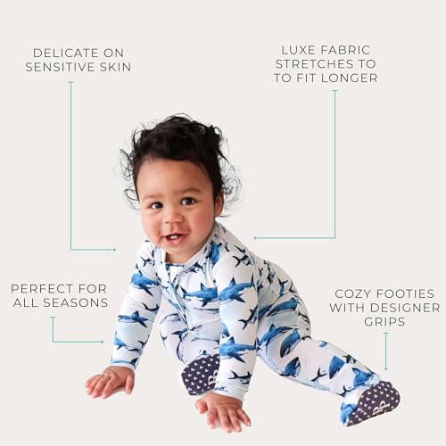 Posh Peanut Baby Boy Footie Pajamas - Soft Viscose Made from Bamboo 2 Way Zipper Sleepers & Onesies with Non-SlipGrips for Newborns to Toddlers (6-9 Months) Sharks - Image 4