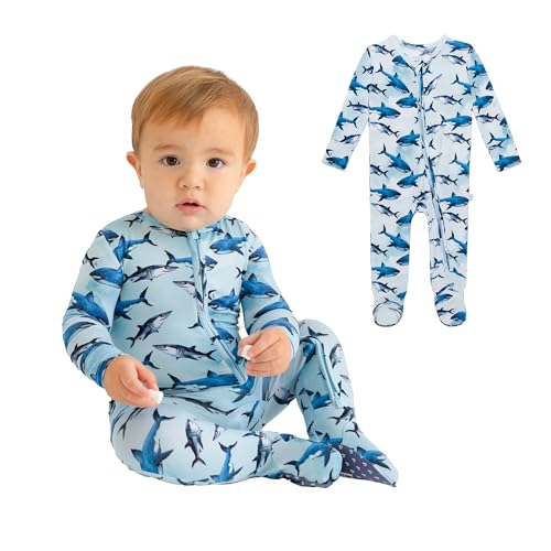 Posh Peanut Baby Boy Footie Pajamas - Soft Viscose Made from Bamboo 2 Way Zipper Sleepers & Onesies with Non-SlipGrips for Newborns to Toddlers (6-9 Months) Sharks - Image 1