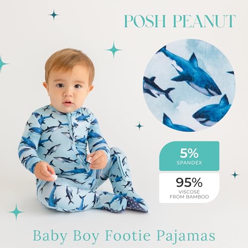Posh Peanut Baby Boy Footie Pajamas - Soft Viscose Made from Bamboo 2 Way Zipper Sleepers & Onesies with Non-SlipGrips for Newborns to Toddlers (6-9 Months) Sharks - Image 2