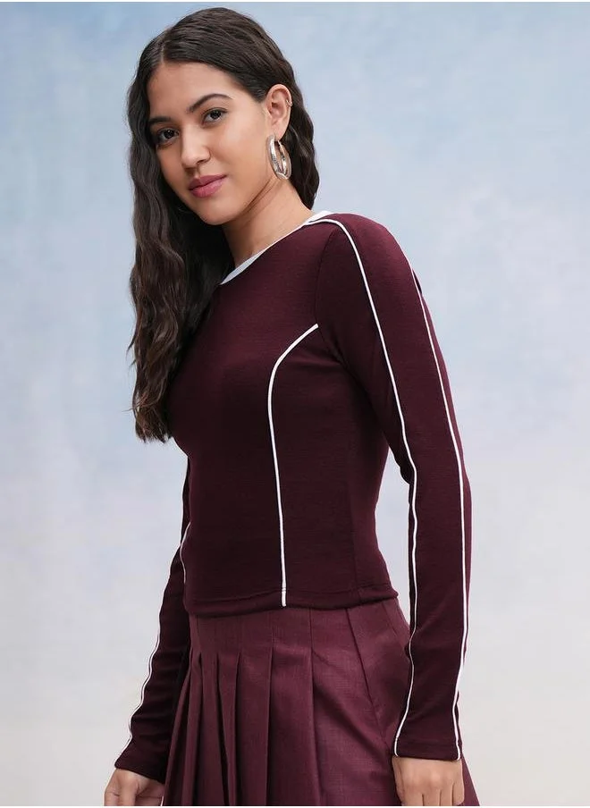 Tokyo Talkies Tokyo Talkies Solid Round Neck Piped Top